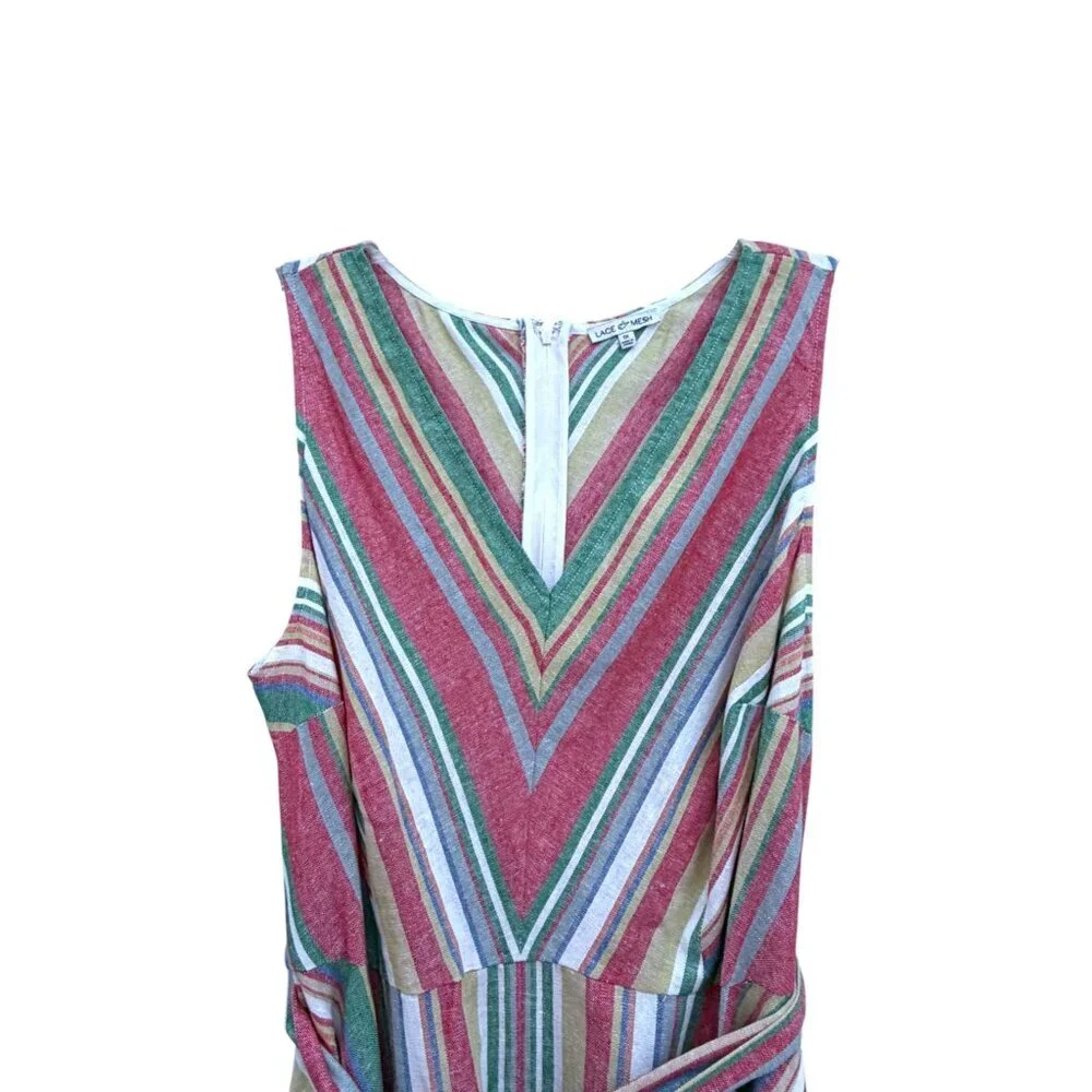 Linen Blend Sundress 1X Asymmetric Picnic Stripe Flowy Cottage